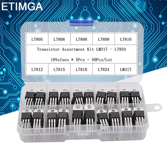 50PCS LM317T L7805 L7806 L7808 L7809 L7810 L7812 L7815 L7818 L7824 Transistor Assortment Kit Voltage Regulator Box Each 5pcs