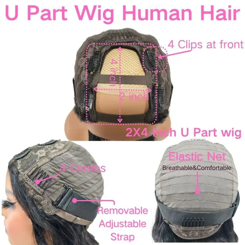 Human Hair Wig Glueless No Leave Natural Looking Middle Part U Shape Full Cap Bleach Dye Safe 8-22 Inch Lengths