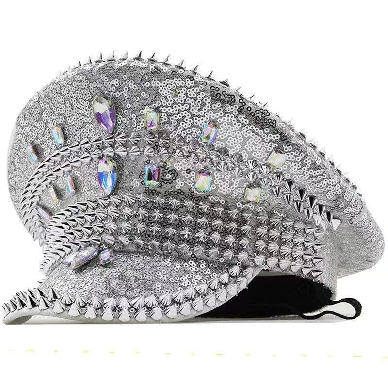 Cross-Border Rhinestone-Embellished Navy Hat, Punk Style Beret, Y2K Sun Protection Hat, Women's Large Brim Sunshade Baseball Cap