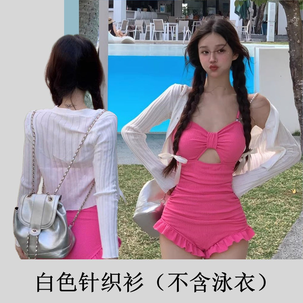 Ins Pure Desire Style Sweet Girl Sexy White Swimsuit Women's Fresh Style Holiday Long Sleeve Cardigan Swimwear