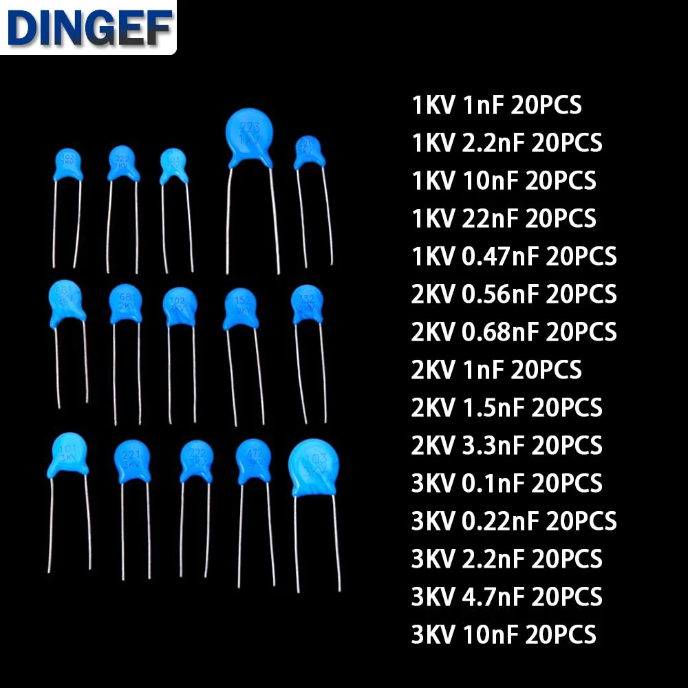 300PCS 15 Values 1KV 2KV 3KV 0.1nF-22nF High Voltage Ceramic Disc Capacitors 0.47NF 0.56NF 2.2NF 1NF 2.2NF 10NF 22NF