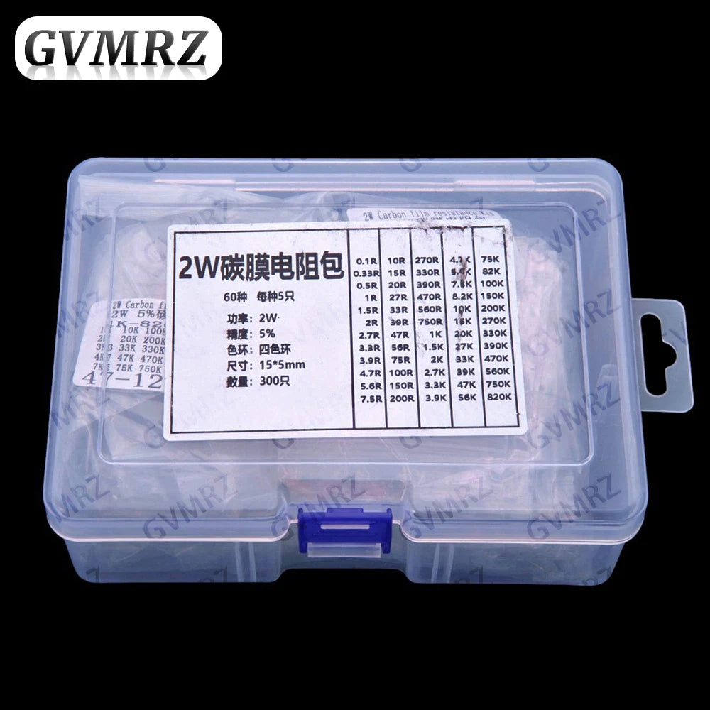 60Values 1W 2W 3W 5W 5% Carbon film resistors kit dip 0.1R 100R 200R 300R 1K 2K 3K Resistor 3W 5W 0.1R-3K