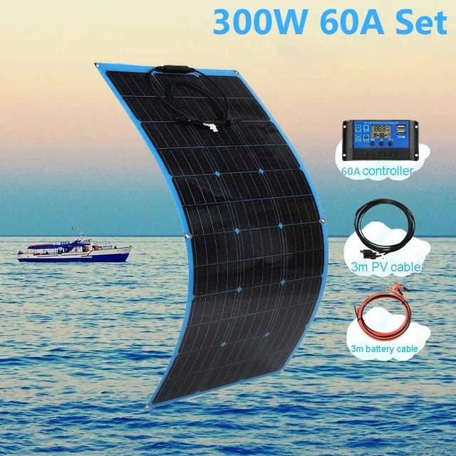 Solar Panel Kit 300W 600W 12V Battery Charger Flexible Solar Energy Power with 60A Controller Outdoor for Car RV Marine Camper
