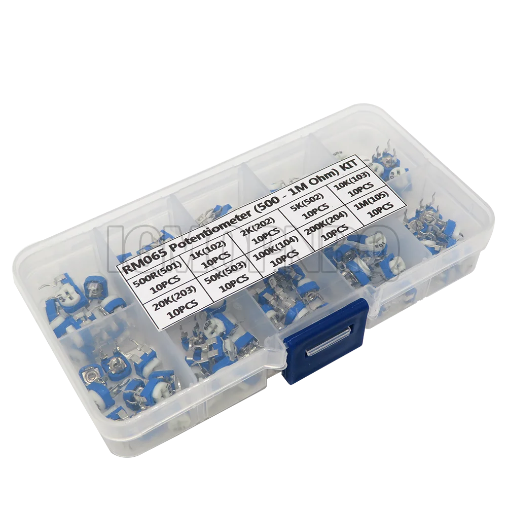 100PCS 10Values *10PCS RM065 Vertical Adjustable Resistor Kit In Box 500 ohm-1M ohm Multiturn Trimmer Potentiometer Set