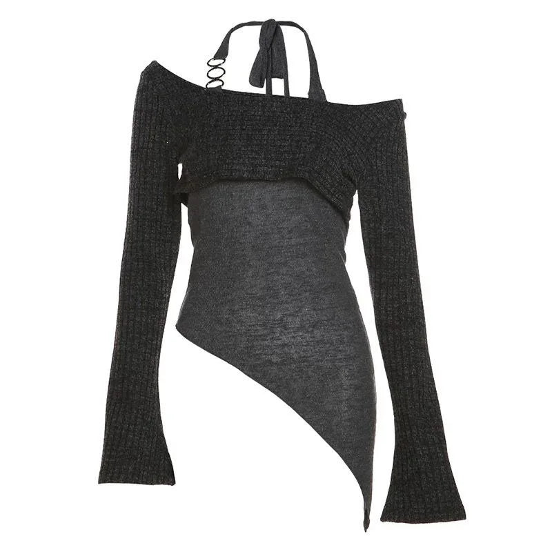 Women's Long Sleeve Knitted Sweater Set Shoulder Baring Design Slimming Base Layer Top Fashionable Casual Princess Sleeve Style