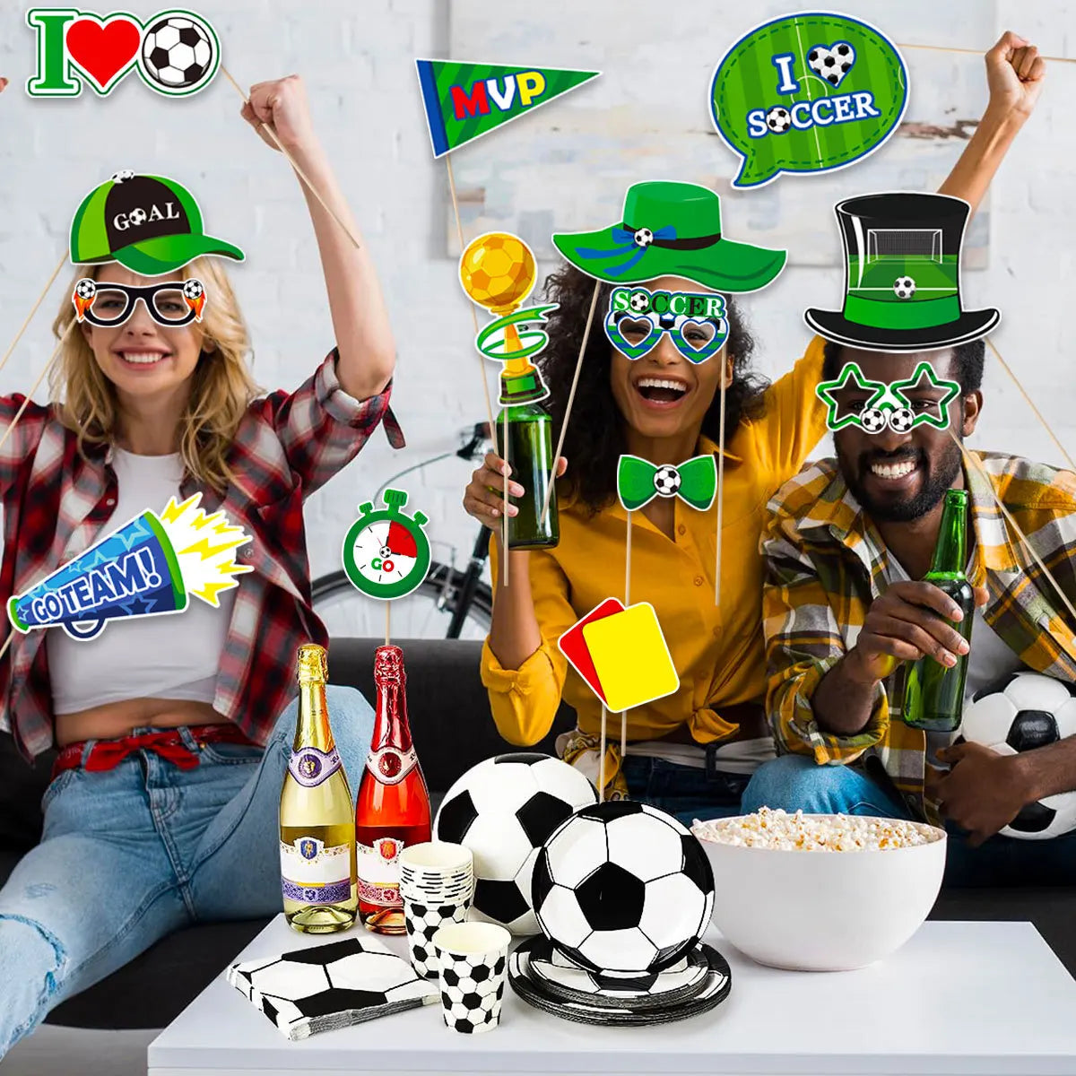 25Pcs Soccer Game Football Sports Photo Shoot Props Supply Party Funny DIY Glasses Lips Photo Booth Prop Birthday Backdrop Decor