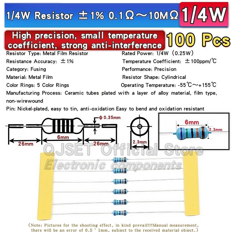100pcs 1/4W Metal Film Resistor Element 1% 0.25W 1K 1.5K 2.2K 4.7K 10K 22K 47K 100K 470k 100 220 4K7 Ohm 5 Color Ring Resistors
