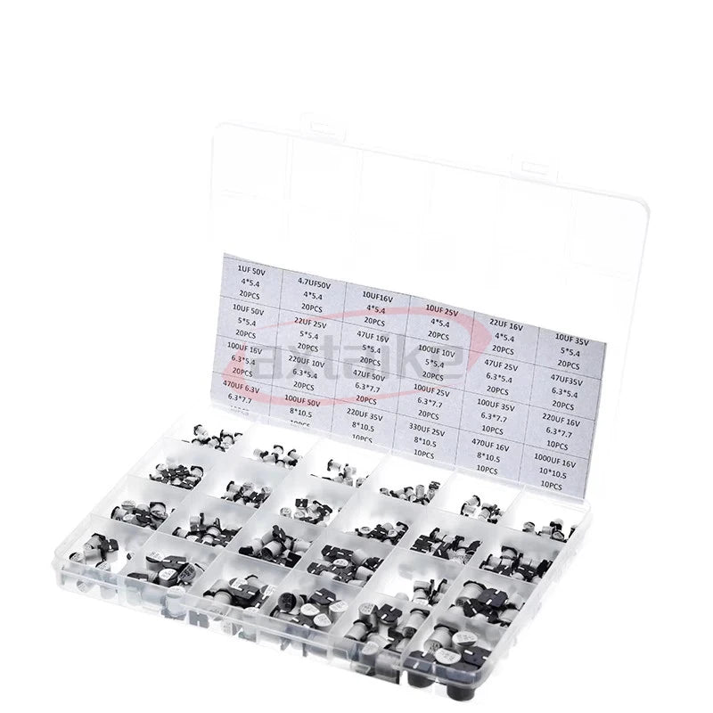 400Pcs 1UF~1000UF 10V 16V 25V 35V 50V 100V 24 Value 47uF 680uF SMD Aluminum Electrolytic Capacitors Assortment Kit + Box