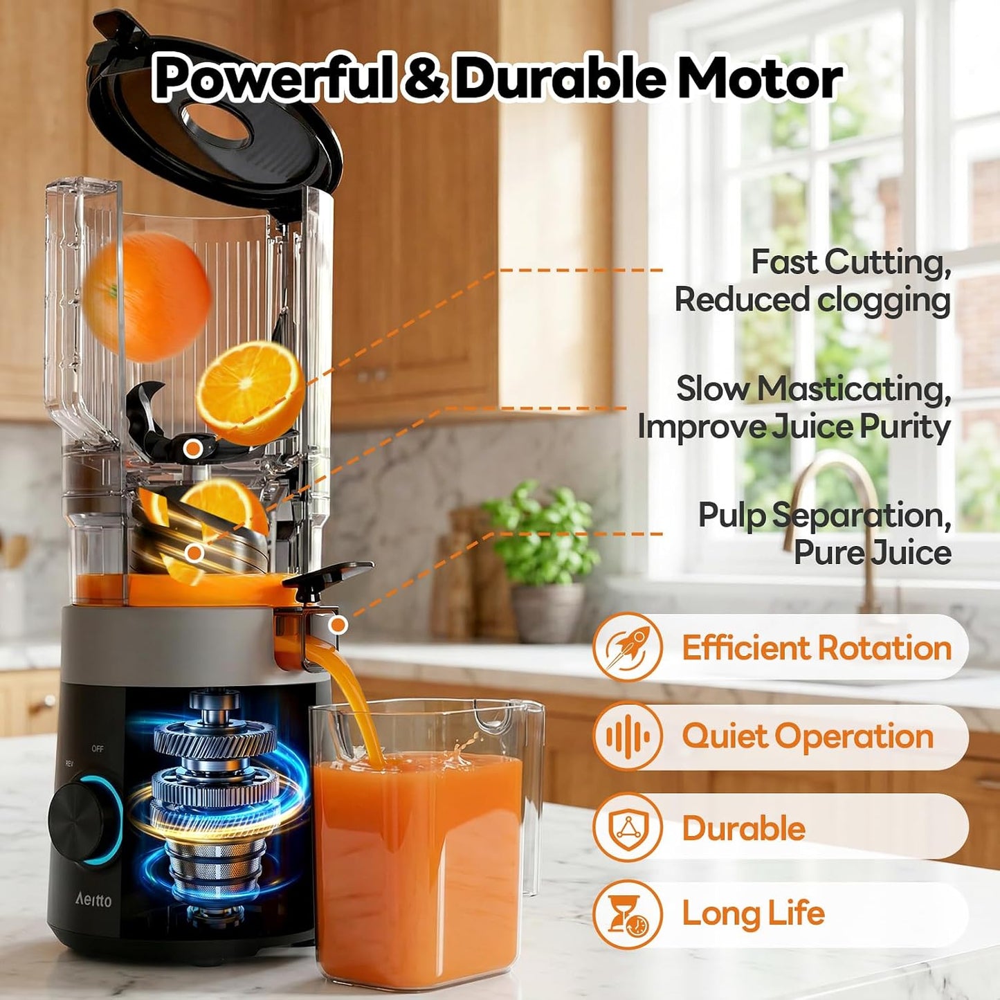 3-In-1 Cold Press Juicer, Makes Juice, Nut Milk & Sorbet, Filter-Free Easy Cleaning, 6.0" Wide Mouth Self-Feeding Hopper, Hands-Free Juicer Machines for Healthy Everyday Living, with Pusher