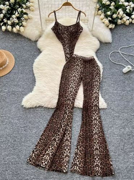 SINGREINY 2026 Newest Leopard 2pcs Suits Women Sexy Strap Tops+Elastic Waist Flared Pants American Ins Fashion Hotsweet Sets
