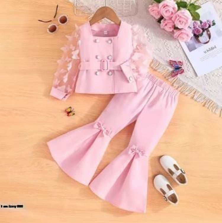 Prowow Luxury Elegant Suit For Girls Kids Blazer Outfits Butterfly Belted Top and Flared Pants 3pcs Children's Clothing Girls