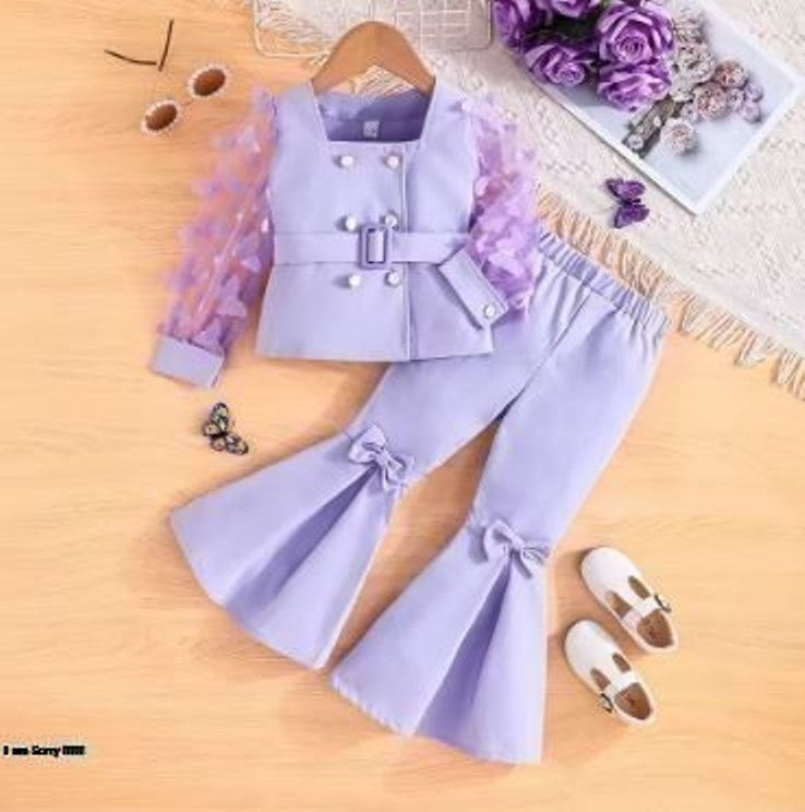 Prowow Luxury Elegant Suit For Girls Kids Blazer Outfits Butterfly Belted Top and Flared Pants 3pcs Children's Clothing Girls