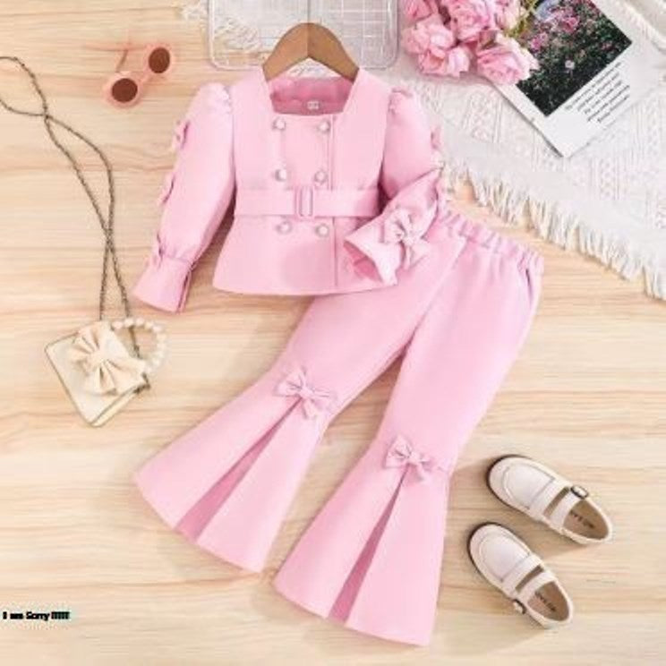 Prowow Luxury Elegant Suit For Girls Kids Blazer Outfits Butterfly Belted Top and Flared Pants 3pcs Children's Clothing Girls