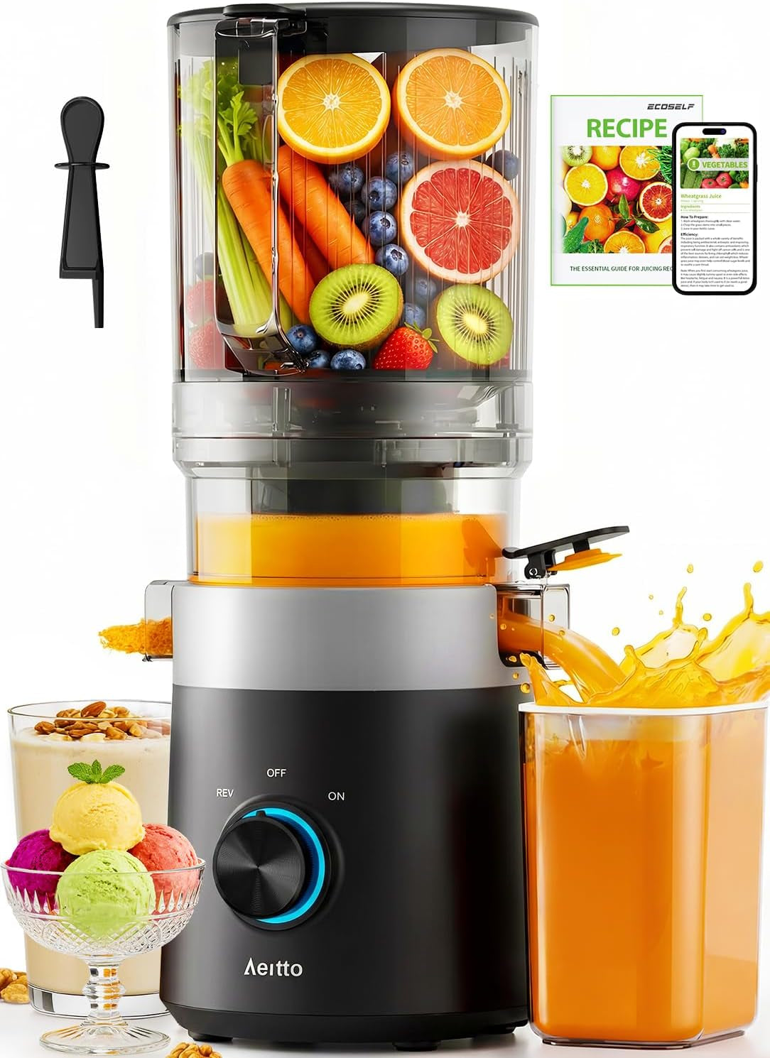 3-In-1 Cold Press Juicer, Makes Juice, Nut Milk & Sorbet, Filter-Free Easy Cleaning, 6.0" Wide Mouth Self-Feeding Hopper, Hands-Free Juicer Machines for Healthy Everyday Living, with Pusher