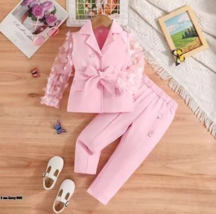 Prowow Luxury Elegant Suit For Girls Kids Blazer Outfits Butterfly Belted Top and Flared Pants 3pcs Children's Clothing Girls
