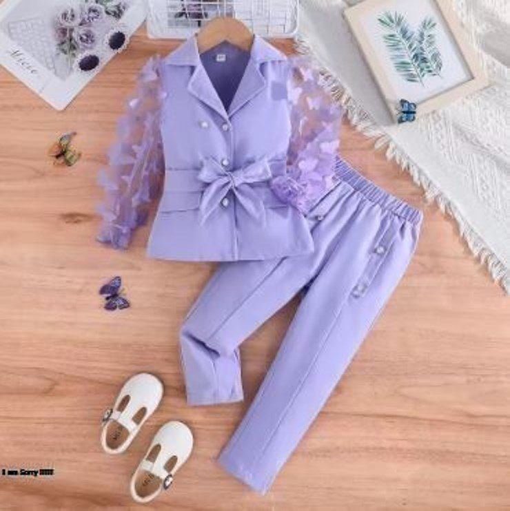 Prowow Luxury Elegant Suit For Girls Kids Blazer Outfits Butterfly Belted Top and Flared Pants 3pcs Children's Clothing Girls
