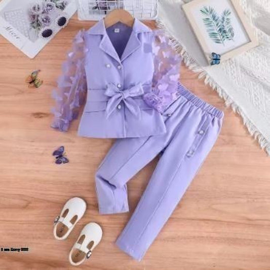 Prowow Luxury Elegant Suit For Girls Kids Blazer Outfits Butterfly Belted Top and Flared Pants 3pcs Children's Clothing Girls