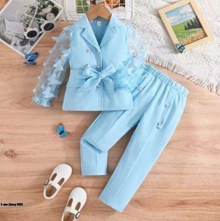 Prowow Luxury Elegant Suit For Girls Kids Blazer Outfits Butterfly Belted Top and Flared Pants 3pcs Children's Clothing Girls