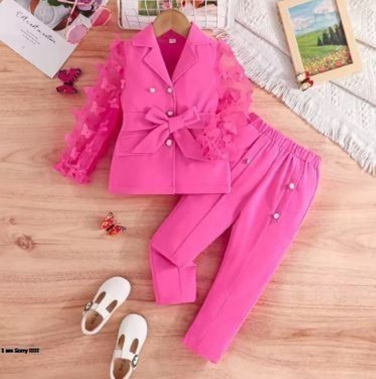 Prowow Luxury Elegant Suit For Girls Kids Blazer Outfits Butterfly Belted Top and Flared Pants 3pcs Children's Clothing Girls