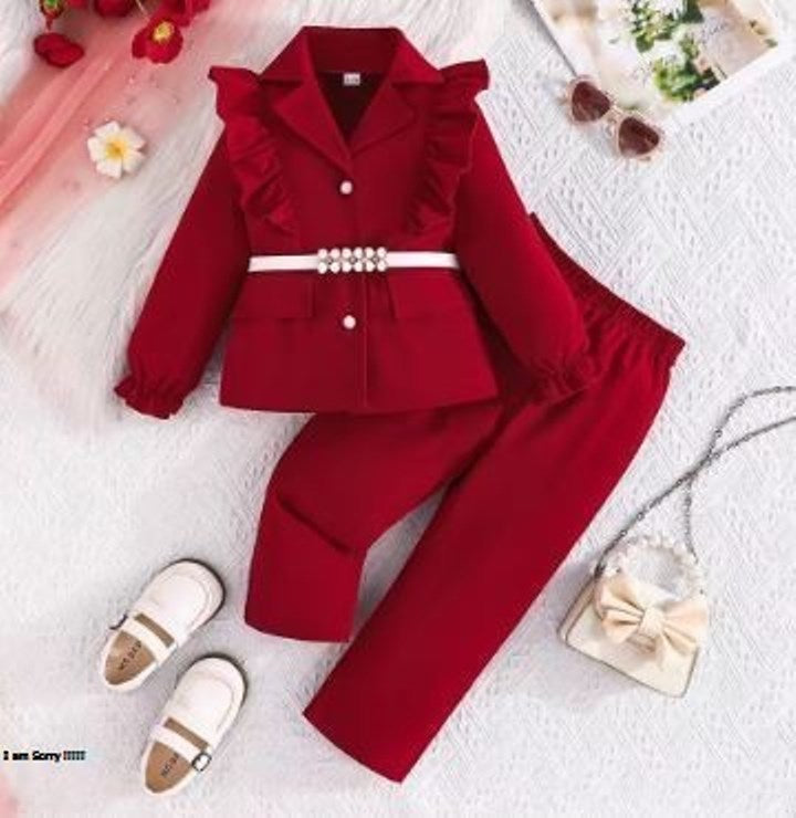 Prowow Luxury Elegant Suit For Girls Kids Blazer Outfits Butterfly Belted Top and Flared Pants 3pcs Children's Clothing Girls