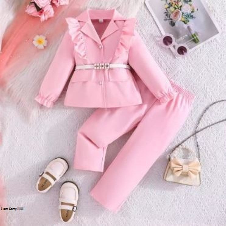 Prowow Luxury Elegant Suit For Girls Kids Blazer Outfits Butterfly Belted Top and Flared Pants 3pcs Children's Clothing Girls