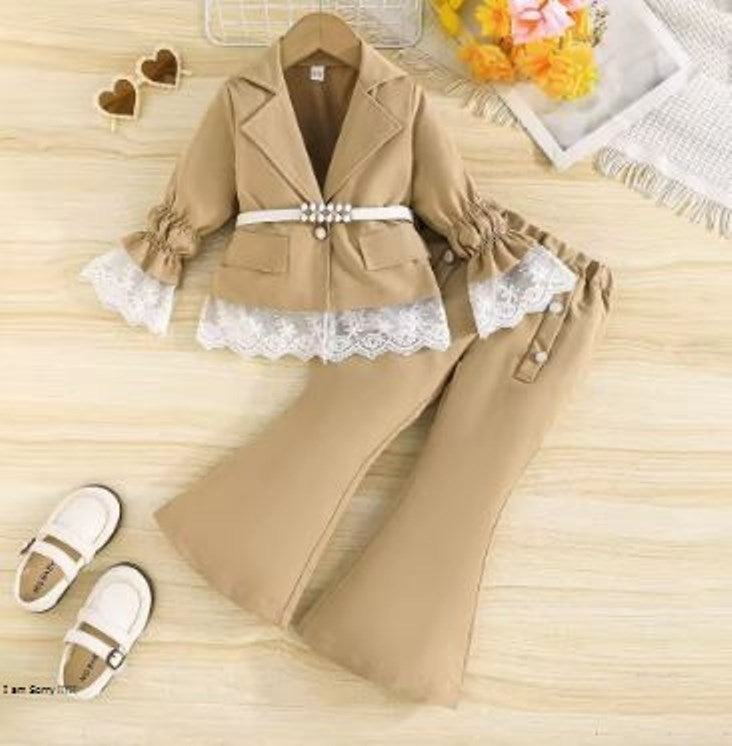 Prowow Luxury Elegant Suit For Girls Kids Blazer Outfits Butterfly Belted Top and Flared Pants 3pcs Children's Clothing Girls