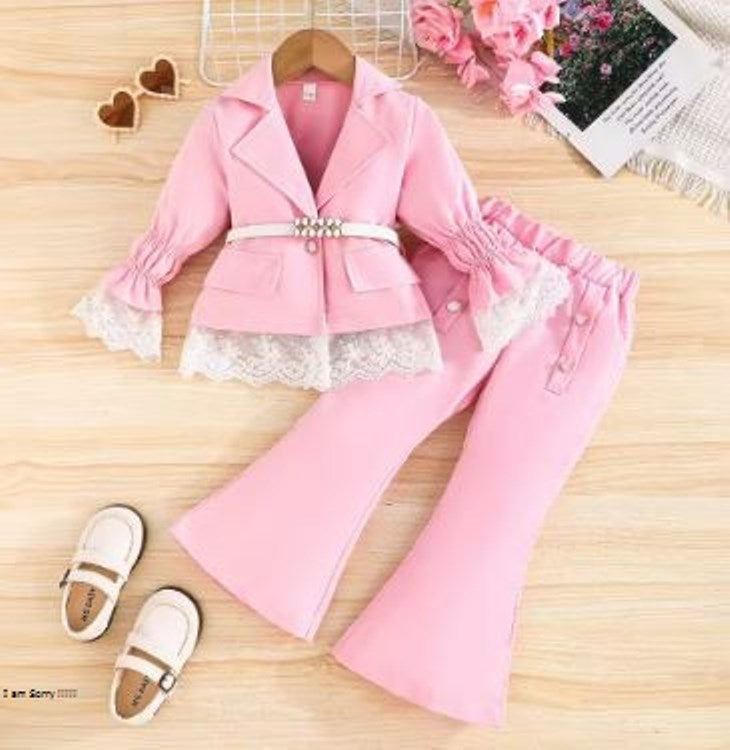 Prowow Luxury Elegant Suit For Girls Kids Blazer Outfits Butterfly Belted Top and Flared Pants 3pcs Children's Clothing Girls