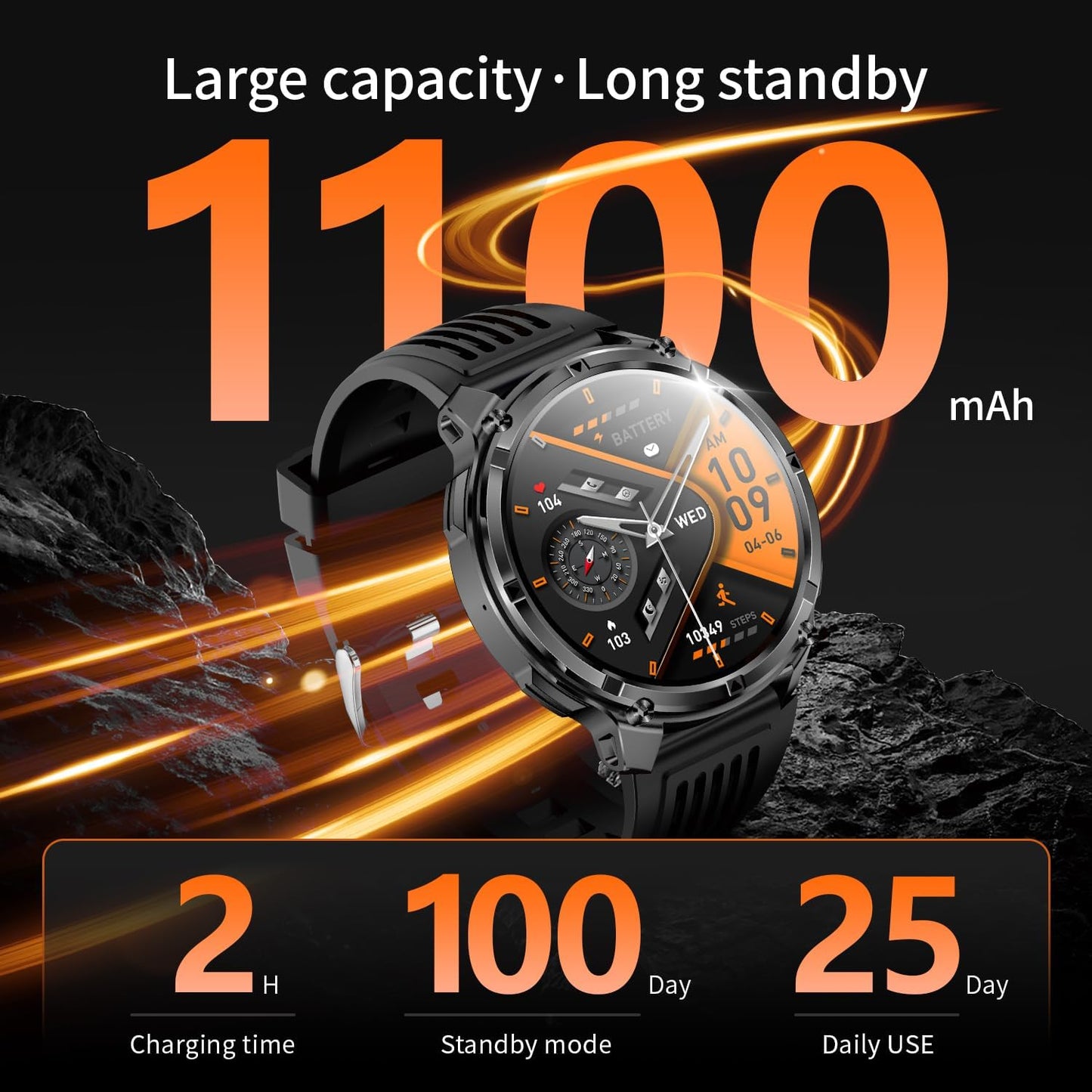 Mens Smart Watch for Android Phones and Iphone,Military Sport Smart Watches for Men Fitness Tracker Watch with Flashlight/Compass/Waterproof/100 Days Battery/Heart Rate/Sleep/100+ Sport Modes