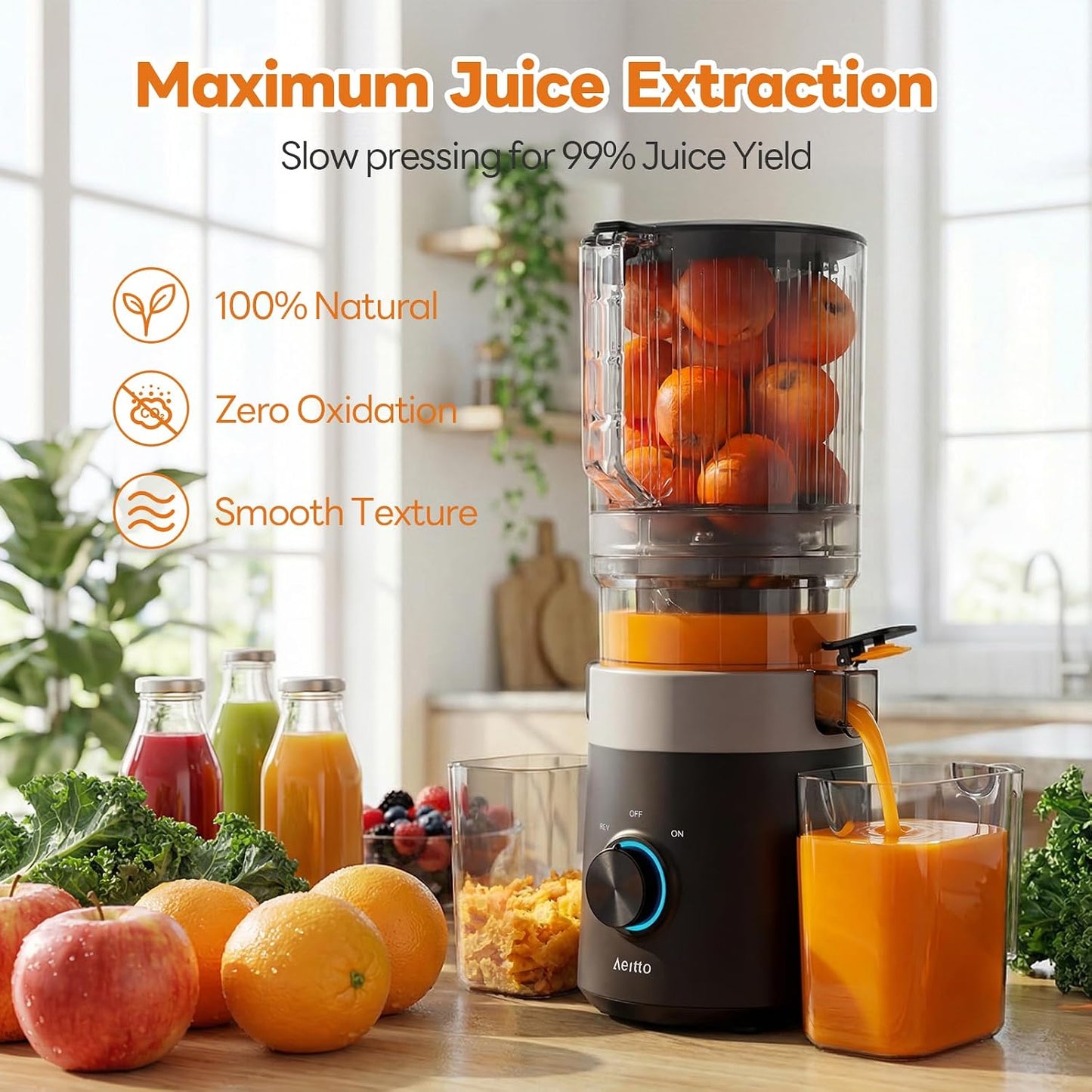 3-In-1 Cold Press Juicer, Makes Juice, Nut Milk & Sorbet, Filter-Free Easy Cleaning, 6.0" Wide Mouth Self-Feeding Hopper, Hands-Free Juicer Machines for Healthy Everyday Living, with Pusher