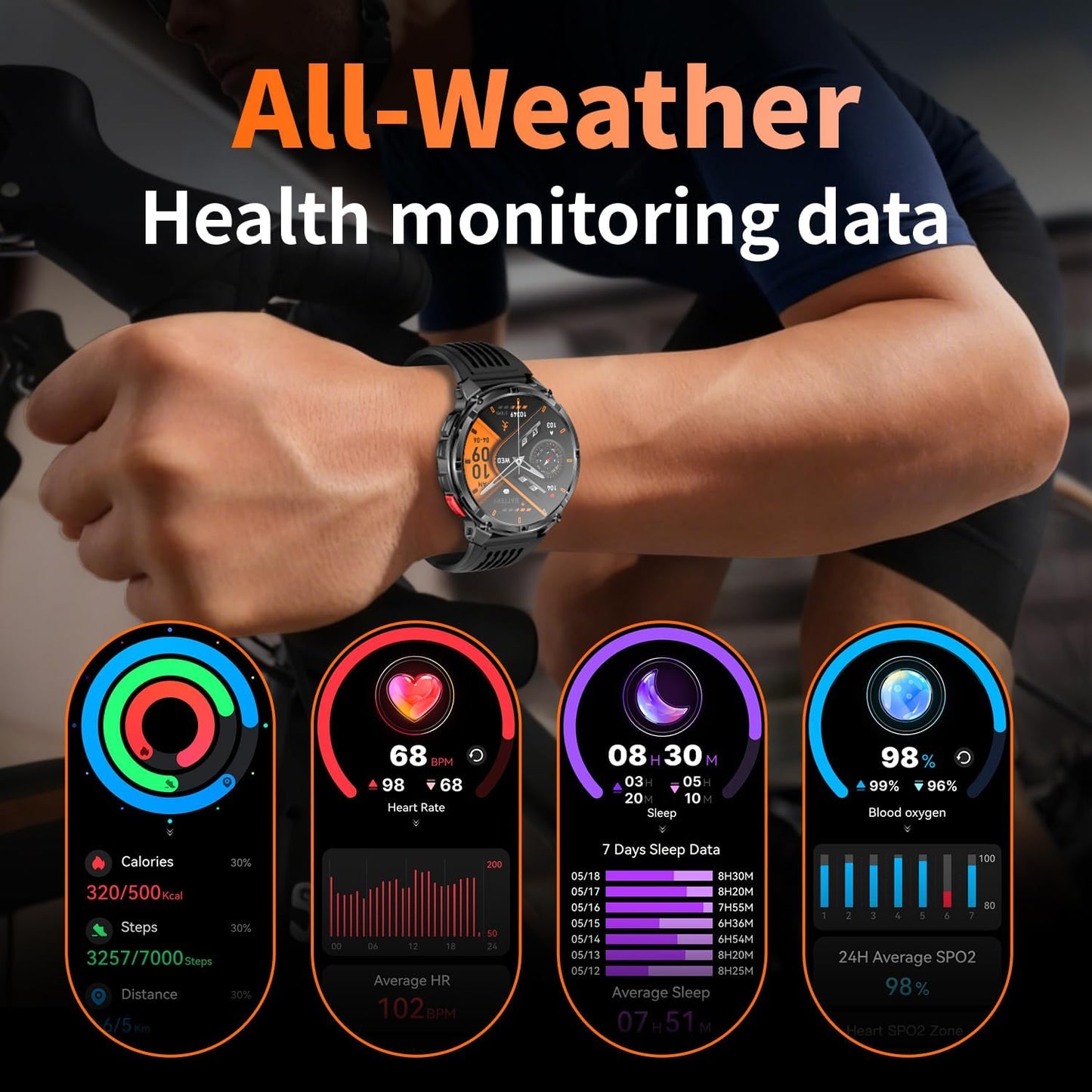 Mens Smart Watch for Android Phones and Iphone,Military Sport Smart Watches for Men Fitness Tracker Watch with Flashlight/Compass/Waterproof/100 Days Battery/Heart Rate/Sleep/100+ Sport Modes