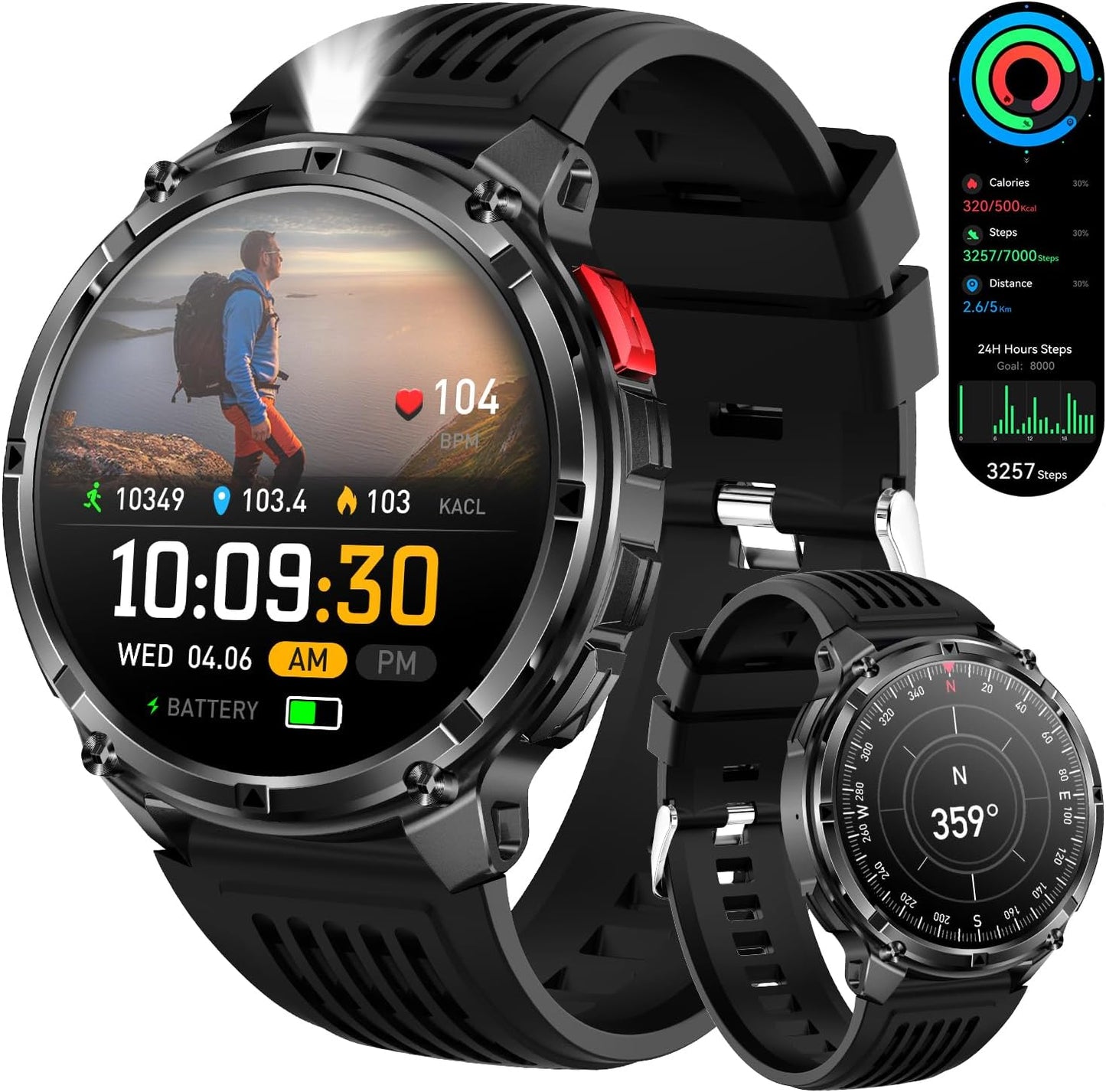 Mens Smart Watch for Android Phones and Iphone,Military Sport Smart Watches for Men Fitness Tracker Watch with Flashlight/Compass/Waterproof/100 Days Battery/Heart Rate/Sleep/100+ Sport Modes