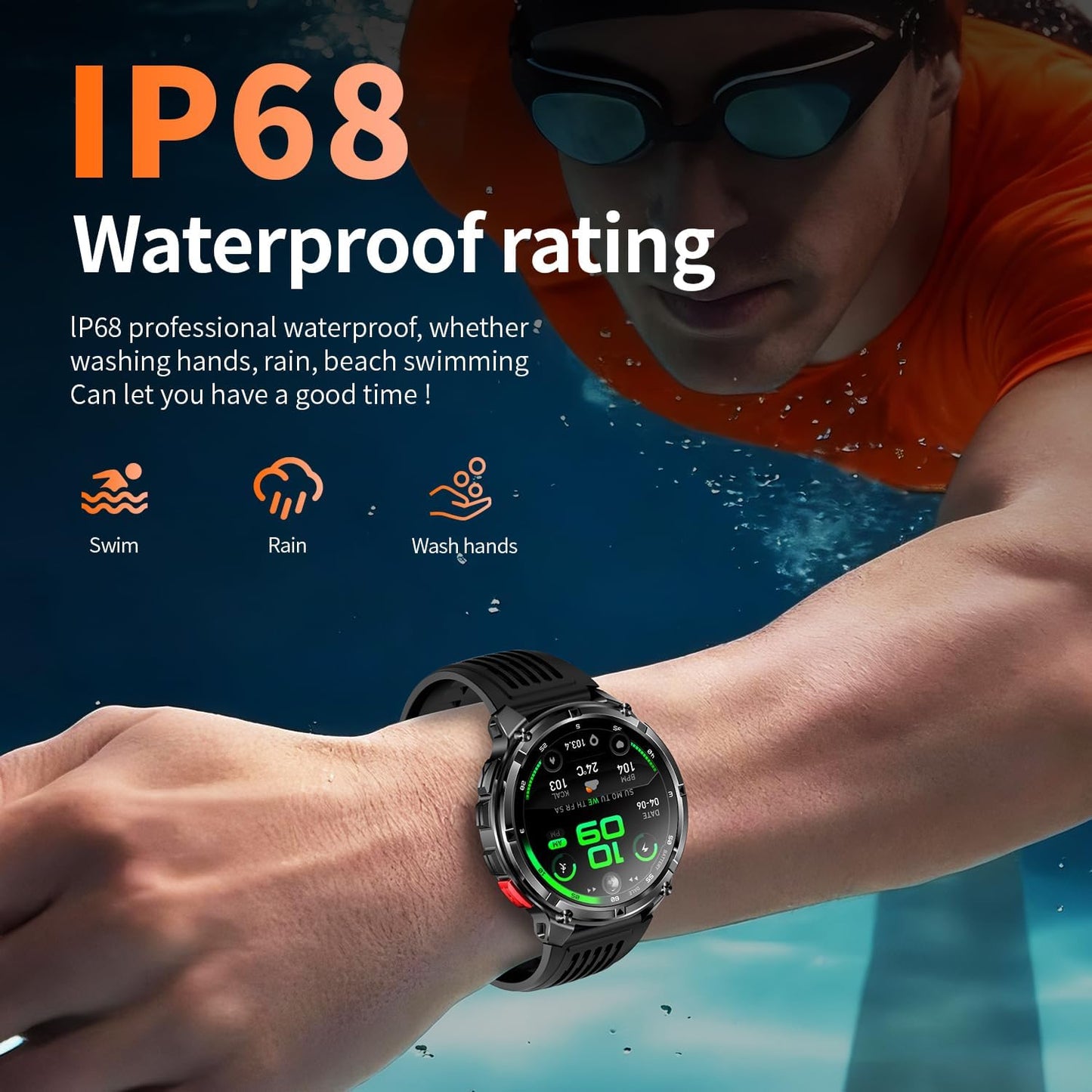 Mens Smart Watch for Android Phones and Iphone,Military Sport Smart Watches for Men Fitness Tracker Watch with Flashlight/Compass/Waterproof/100 Days Battery/Heart Rate/Sleep/100+ Sport Modes