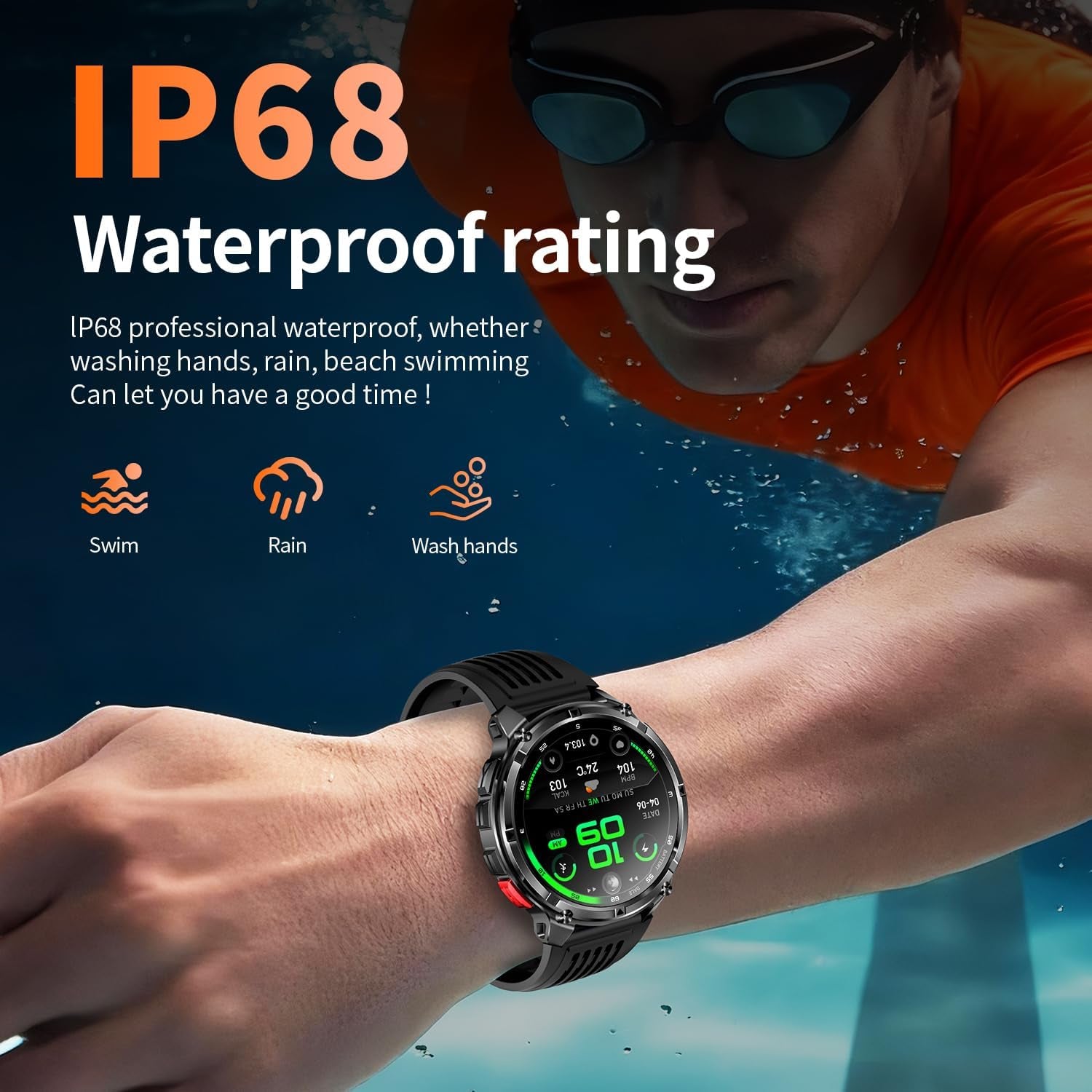Mens Smart Watch for Android Phones and Iphone,Military Sport Smart Watches for Men Fitness Tracker Watch with Flashlight/Compass/Waterproof/100 Days Battery/Heart Rate/Sleep/100+ Sport Modes