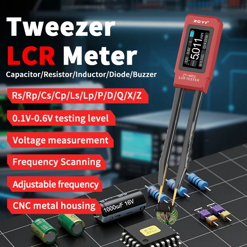 ZOYI ZT-MD2 Tweezers LCR Meter Capacitor Resistor Inductor Diode Buzzer Tester  CNC Metal Housing Portable Tool - Red