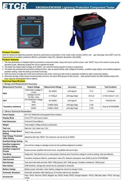 ETCR 3800B Lightning Protection Component Tester - MOV Voltage Sensitive Resistor Tester - SPD Electrical Surge Protector