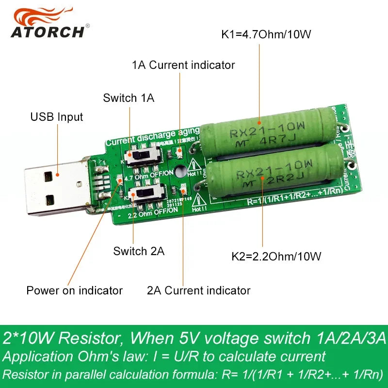 USB Resistor DC Electronic Load 2 Switch Adjustable Current 5V 1A/2A/3A Battery Capacity Voltage Discharge Resistance Tester
