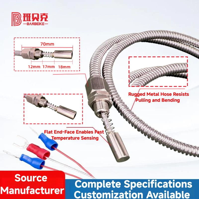 PT100 Rugged Metal Hose Motor Bearing Thermal Resistor Resists Pulling and Bending RTD Temperature Sensor