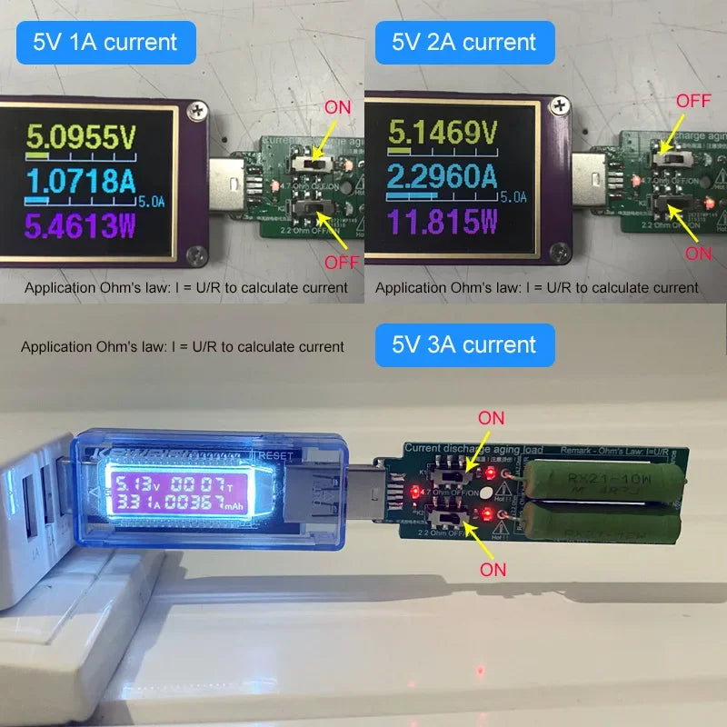 USB Resistor DC Electronic Load 2 Switch Adjustable Current 5V 1A/2A/3A Battery Capacity Voltage Discharge Resistance Tester