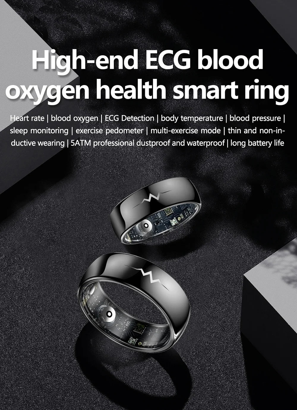 2025 Q520 ECG Smart Ring Blood Oxygen Blood Pressure Monitor with Charging Case, Multifunctional Health Fitness Tracker for Men