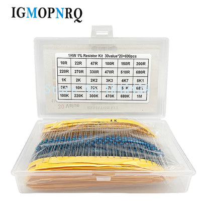 600PCS 1/4W Metal Film Resistor Kit box 1% Resistor Assorted Kit Set 10R -1M Ohm  Resistance Pack 30 Values each 20 pcs