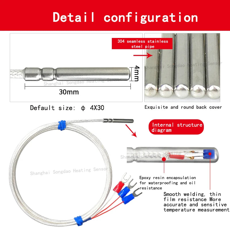 Industrial 4mm Flexible Pt100 RTD Sensor - High Precision PT1000 Temperature Probe with 3-wire PTFE Cable
