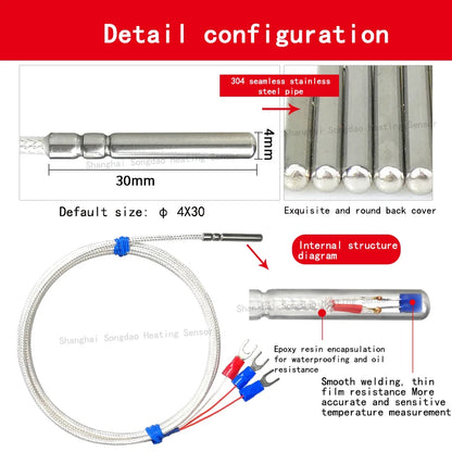 Industrial 4mm Flexible Pt100 RTD Sensor - High Precision PT1000 Temperature Probe with 3-wire PTFE Cable