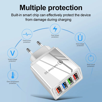 3A USB Charger 4 Port USB Quick Charge 3.0 EU US Plug Mobile Phone Charger Wall Adapter Portable Fast Charging For iPhone 16 Pro