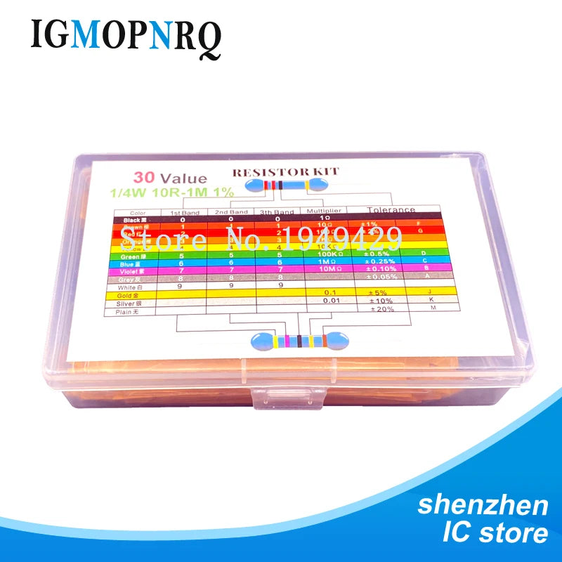 600PCS 1/4W Metal Film Resistor Kit box 1% Resistor Assorted Kit Set 10R -1M Ohm  Resistance Pack 30 Values each 20 pcs
