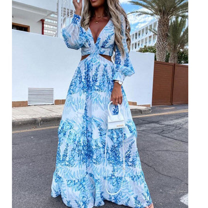 Cross-Border European and American Fashion Women's Clothing Spring and Summer New Long Dress Printed V-Neck Sexy Long-Sleeved Beach Dress