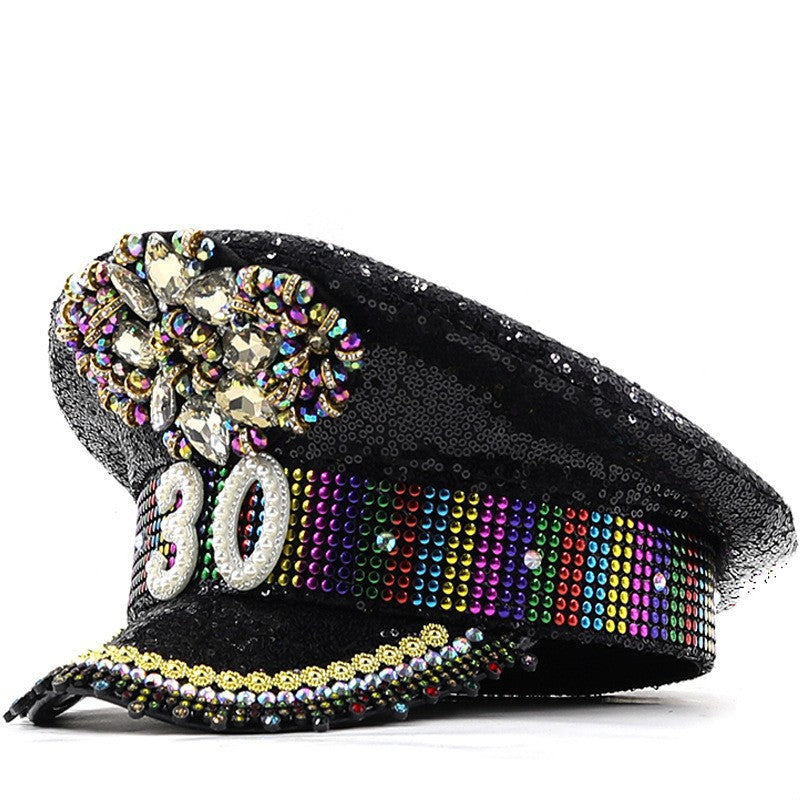 Cross-Border Rhinestone-Embellished Navy Hat, Punk Style Beret, Y2K Sun Protection Hat, Women's Large Brim Sunshade Baseball Cap