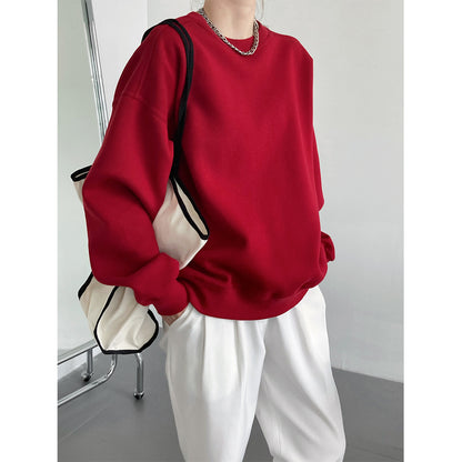Luxi 2025 Autumn and Winter New Style Velvet Thickeneded Burgundy Sweatshirt for Women Korean Style Normcore Long-Sleeved Pullover Top 2628