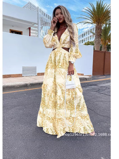 Cross-Border European and American Fashion Women's Clothing Spring and Summer New Long Dress Printed V-Neck Sexy Long-Sleeved Beach Dress