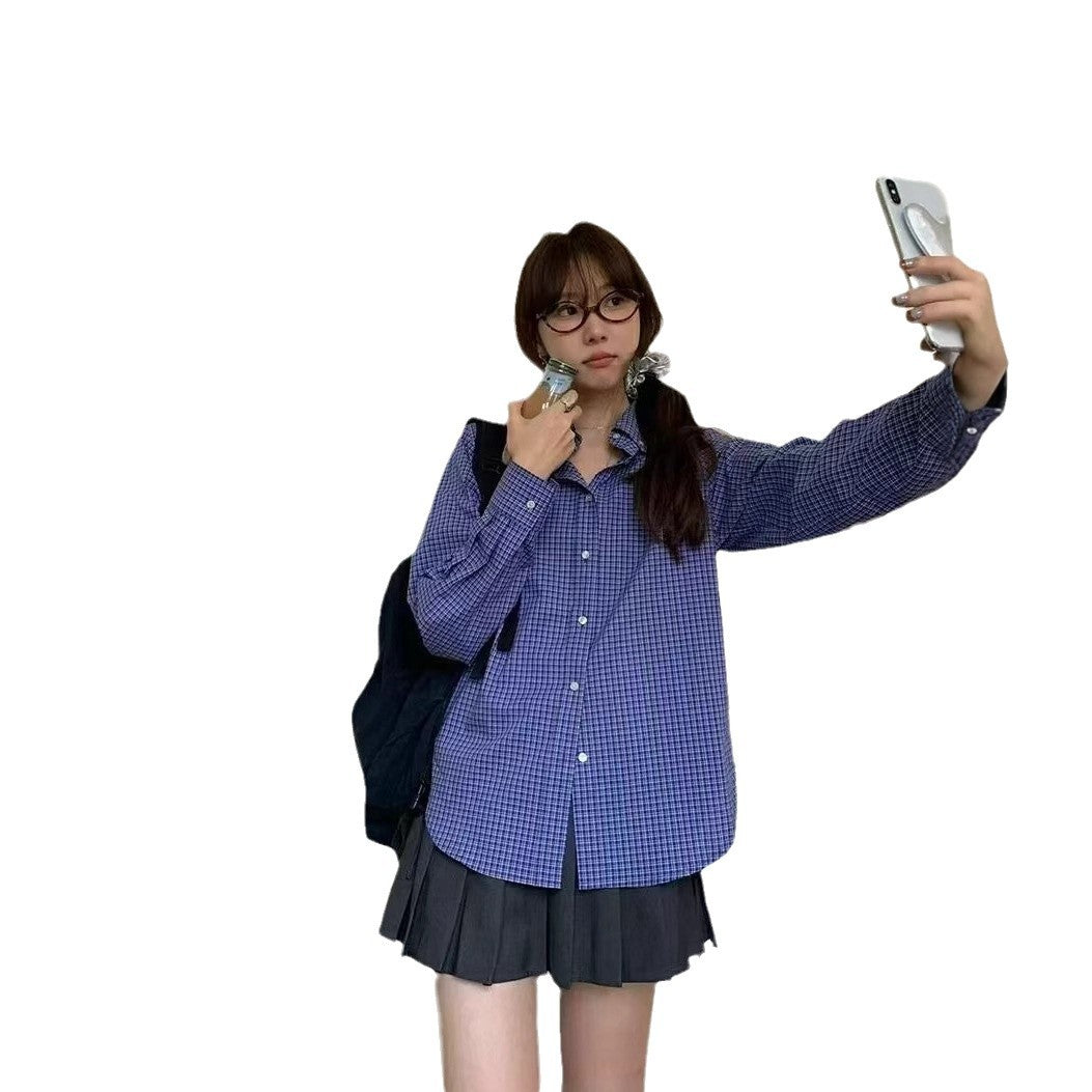 Cross-Border Blue Plaid Japanese-Style Women's Clothing Autumn Hot-Selling Plaid Shirt Thin Cardigan Sun Protection Shirt French-Style Blouse Plus Size