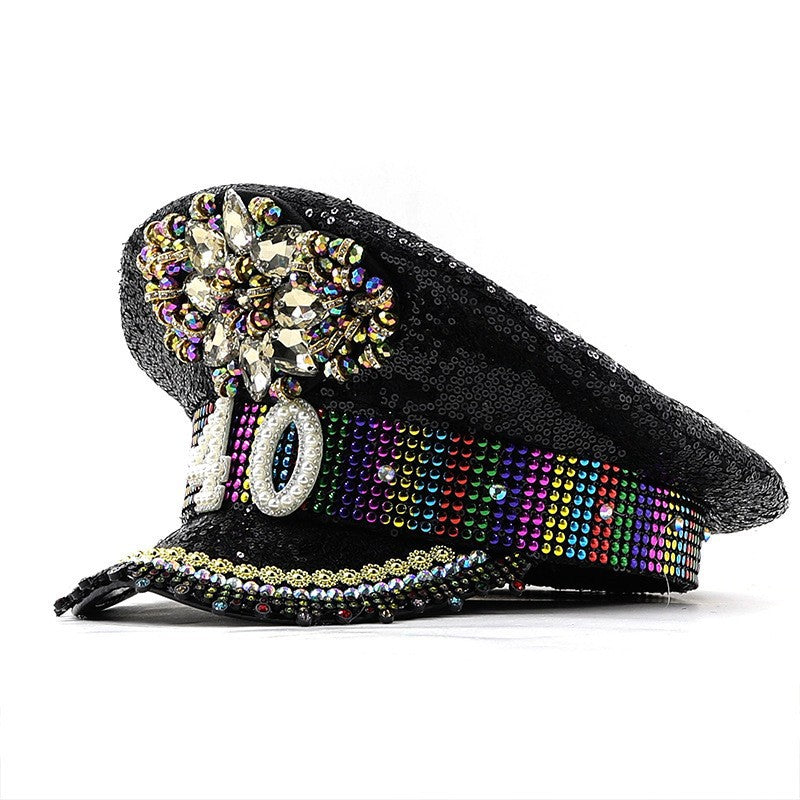 Cross-Border Rhinestone-Embellished Navy Hat, Punk Style Beret, Y2K Sun Protection Hat, Women's Large Brim Sunshade Baseball Cap